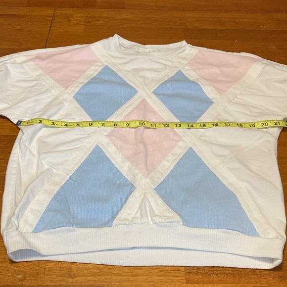Vintage A Paquette Womens Sz S Blue Pink Patchwork Front Short Sleeve White Tee - Picture 11 of 12